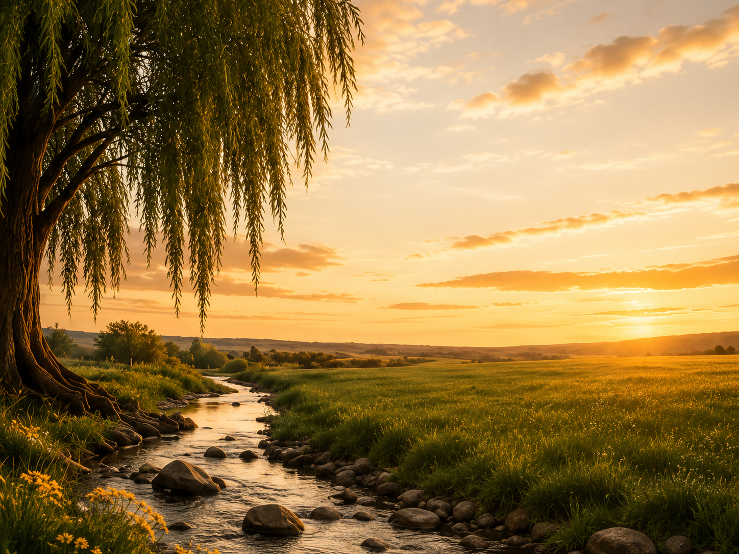 Willow beside a creek at sunset